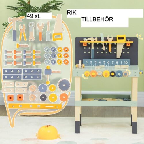 Ljusblå barnarbetsbänk med verktyg, leksak för åldrarna 3-6