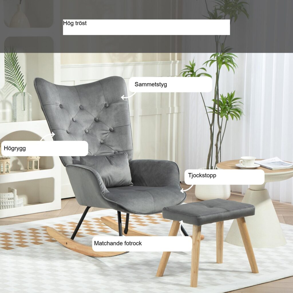 Gungfåtölj med pall [Komfort och elegans] | wingback design, matchande fotpall, gummiben för sovrum och vardagsrum