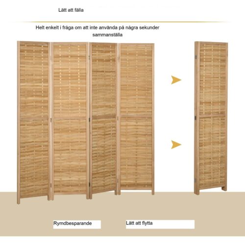 Rumsavdelare i bambu (4 delar) | Vikbar sekretessskärm med metallgångjärn | Snygg handvävd design, enkel förvaring, 160x170cm
