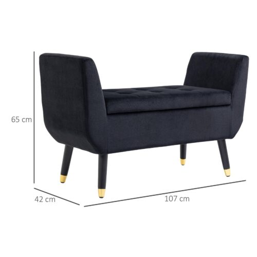 Lyxig bänk klädd bänk med förvaring och armstöd, sammet polyester, gummiträ, svart, 107x42x65cm för vardagsrum och hall | Elegant design, utfällbar sits med gott om förvaring, guldfärgade ben