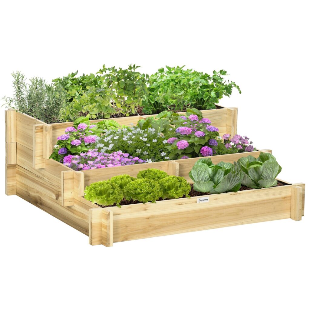 5-Plant 3-stegs trä upphöjd säng med tygfoder | Enkel montering och väderbeständig design