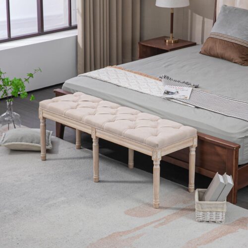 Vintage stoppad bänk i fransk stil med bekväma sittplatser – vita träben, knapptuftning, stöd upp till 120 kg