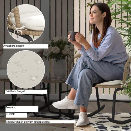 3-delat gungstolsset i rotting med soffbord – Bekväma utemöbler med mjuka vadderade sitsar, ergonomisk design och kuddar som är lätta att rengöra