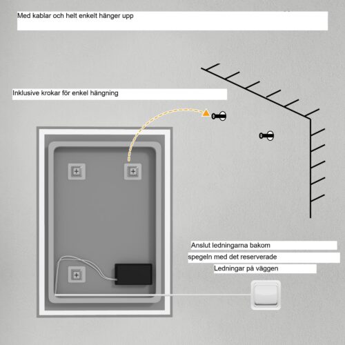LED -badrumsspegel väggspegel 80×60 cm, dimlöst med beröringsomkopplare, IP44 -skydd, flexibel vertikal och horisontell montering