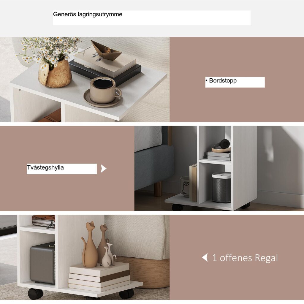 C-format sidobord med hjul | Soffbord, matbord med mera - Mångsidig förvaring, Bärbar design - Vit (45x35x58 cm)