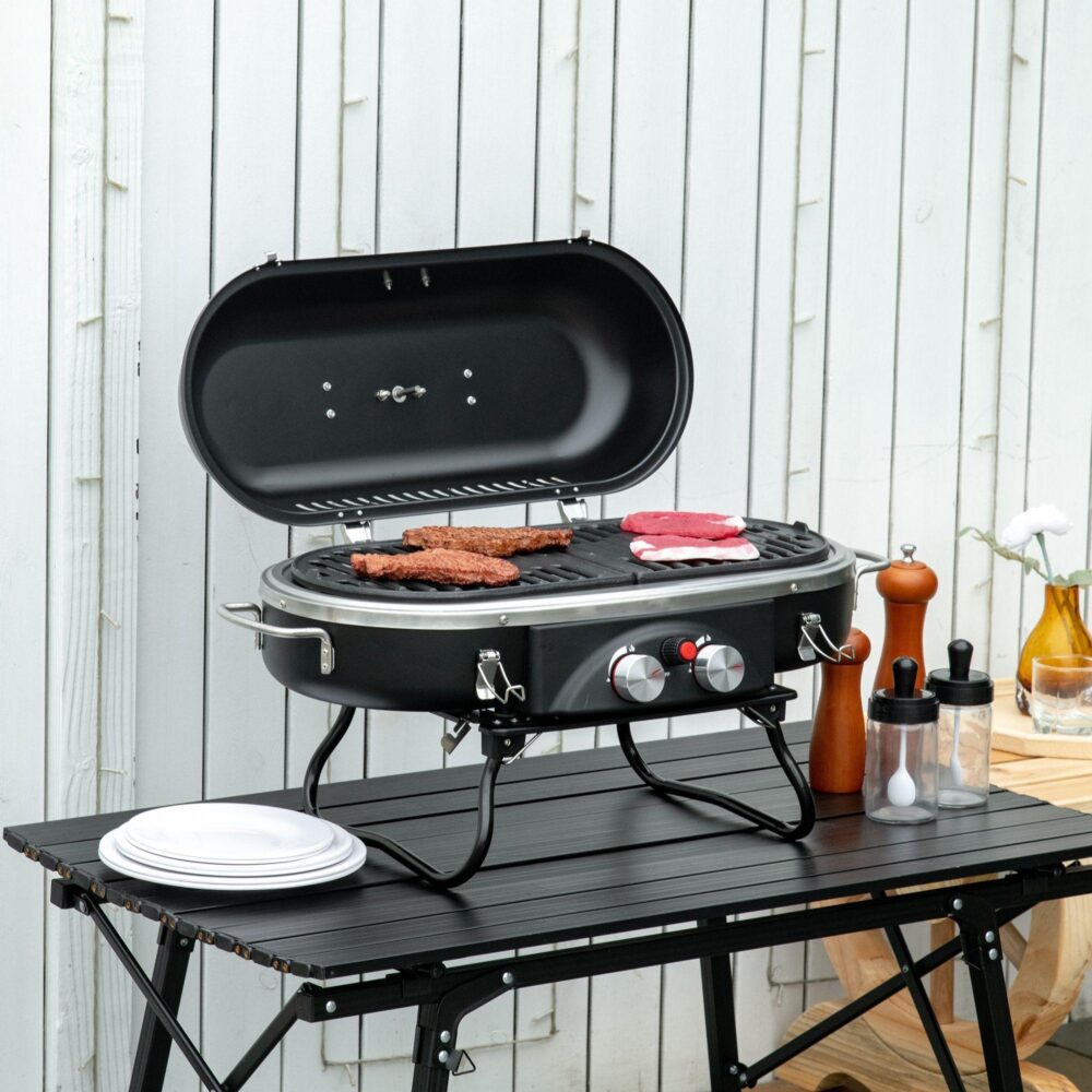 Bärbar campinggasgrill med 2 brännare i rostfritt stål, vikbar design och termometer – kompakt för resor, perfekt för utomhusunderhållning