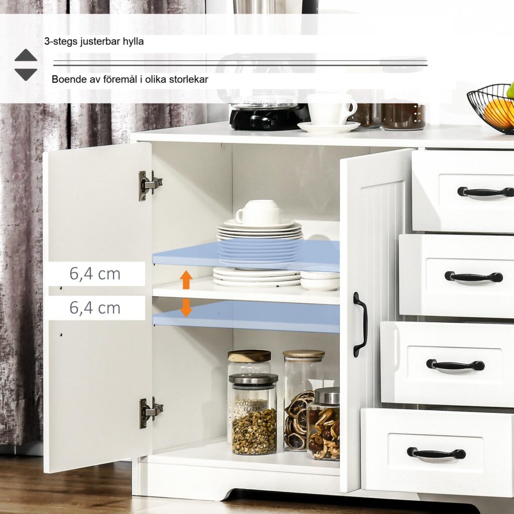 Vit skänk med 4 lådor - Mångsidigt förvaringsskåp med justerbar hylla och anti-lutningsskydd för kök, vardagsrum eller matplats