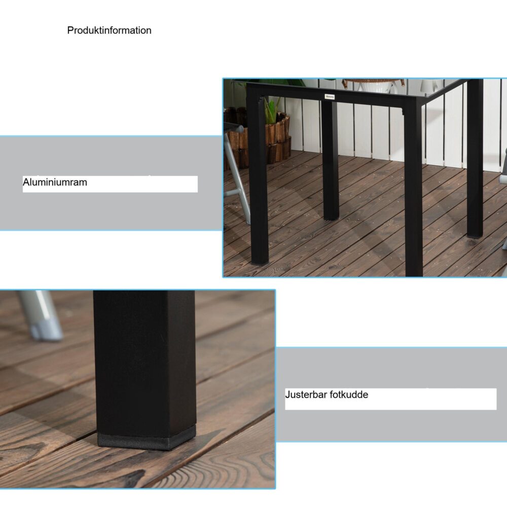 Fyrkantigt trädgårdsbord för 4 | Ram i härdat glas och aluminium – lätt att rengöra, rostsäker, minimalistisk design – 80x80x74cm