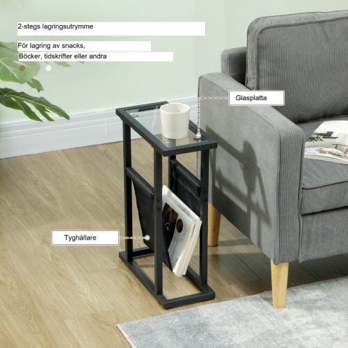 Funktionellt och snyggt sidobord soffbord med glasskiva och tygförvaringspåse, platsbesparande design för modern inredning