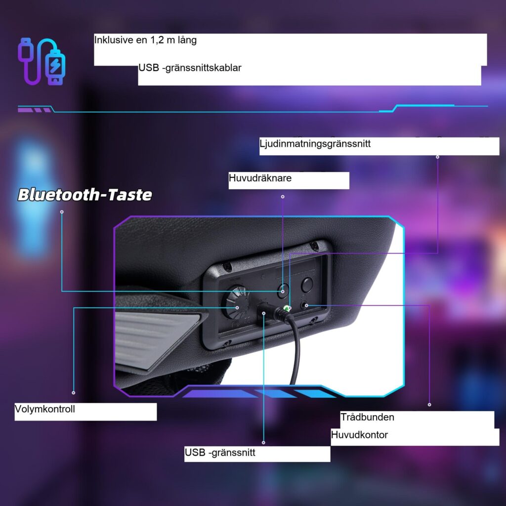 Ergonomisk gamingstol med inbyggda Bluetooth-högtalare - justerbar höjd och snurrfunktion för maximal komfort