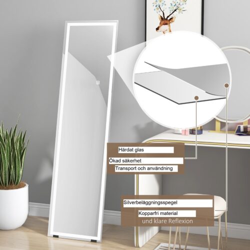 Hellång spegel 40x150cm med justerbar LED-belysning (3 ljusfärger) | Enknappskontroll och minnesfunktion | Alternativ för väggmontering