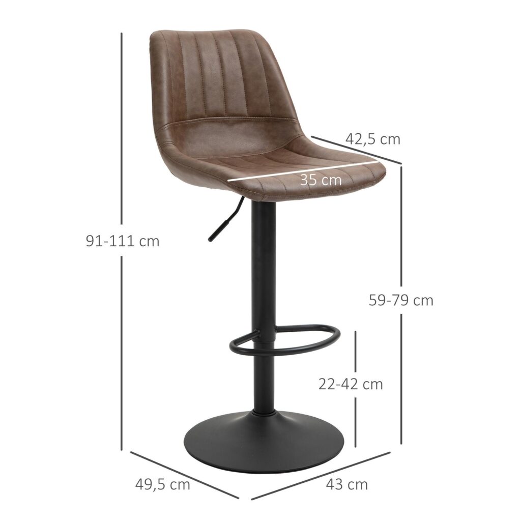 Set med 2 barstolar - Retro Design Höjdjusterbara bänkstolar i konstläder med fotring och vadderad sits för kök och bar | Robust stålram