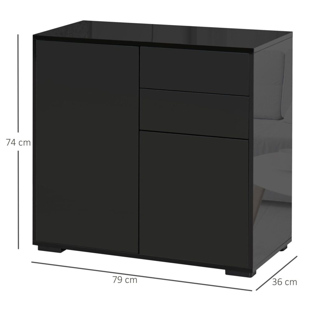 Svart sideboard med 2 lådor och 2 dörrar – Mångsidigt förvaringsskåp med justerbara hyllor och tippskydd