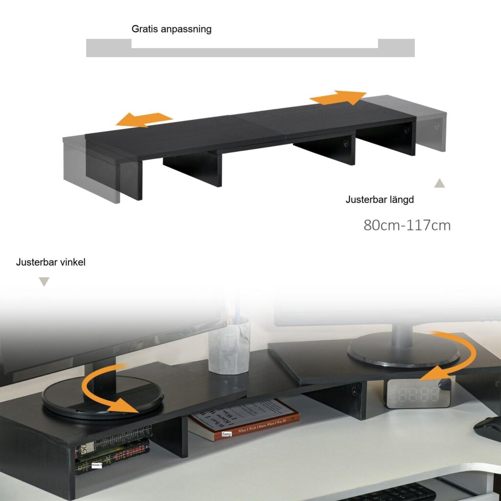Ergonomisk justerbar bildskärmsstativ med dubbel skärmstöd, trippelagringshyllor och rymdbesparande design för nackelättande - MDF -material, svart färg
