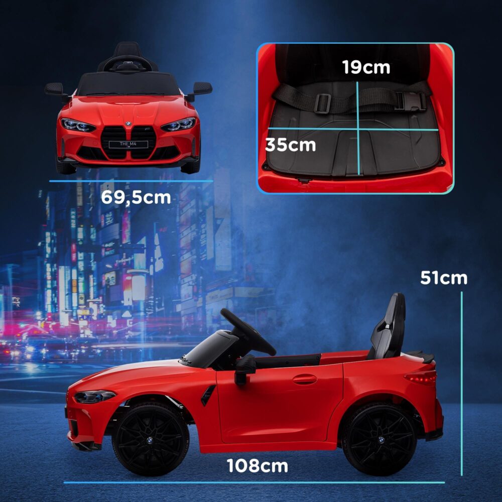 Officiellt licensierad BMW M4 Kids elbil med fjärrkontroll och ratt, LED-lampor, horn, MP3 – åldrarna 3-5