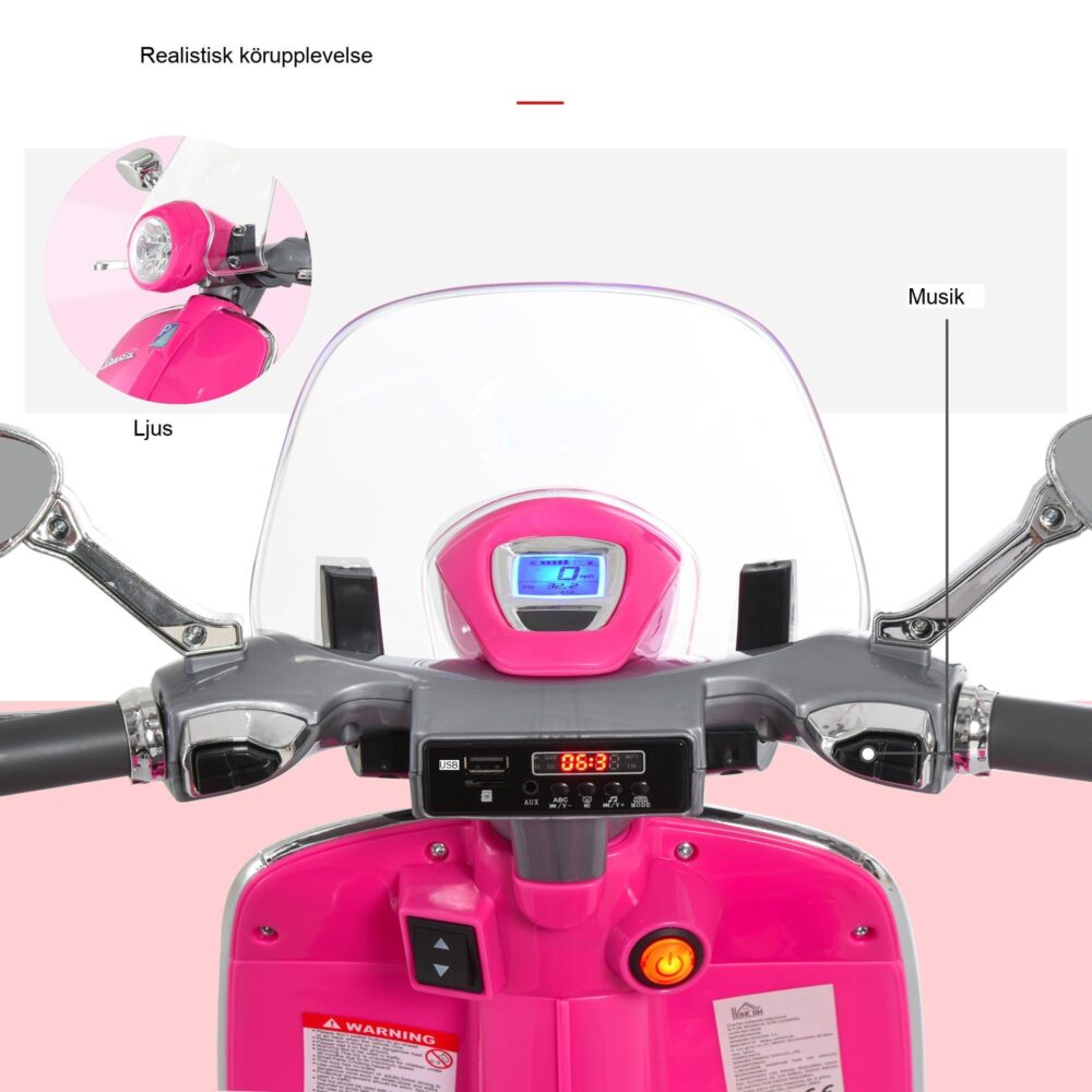 Licensierade Vespa Kids ’Elektriska motorcykel med strålkastare, musik och träningshjul-4-hjulsstabilitet för åldrarna 3-6