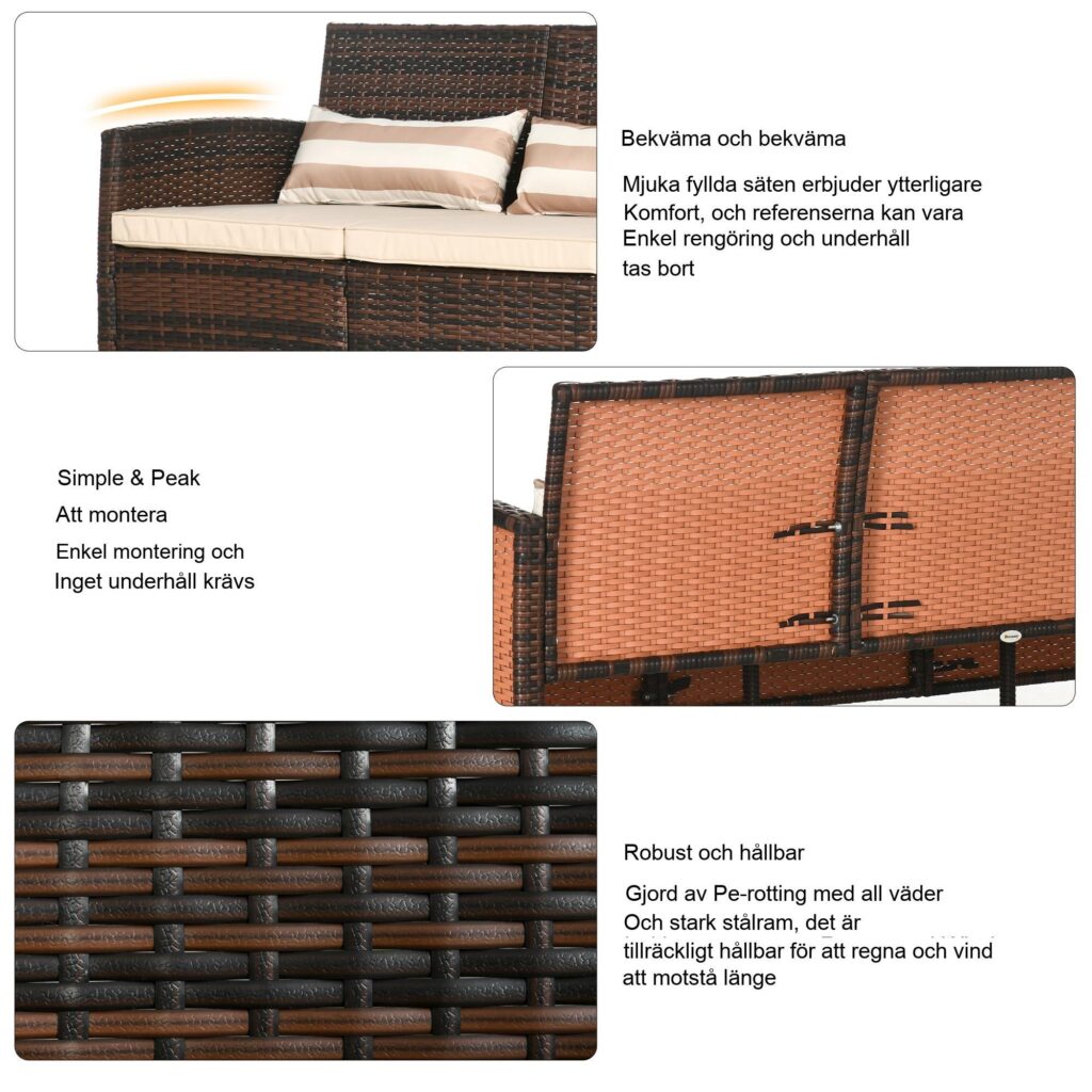 Rotting Garden Lounge Sofa för terrass och trädgård - bekväm 3-sits med kuddar, väderbeständig polyrotting, stålram, brun färg, mått W173cm