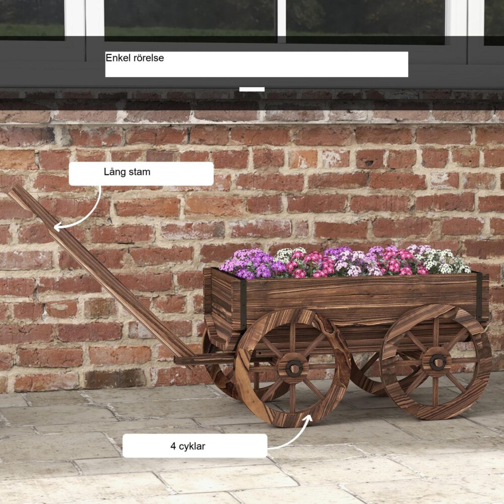 Rymlig rustik trävagn blomlåda | Mobil trädgårdsplanterare med dränering, 30 kg kapacitet