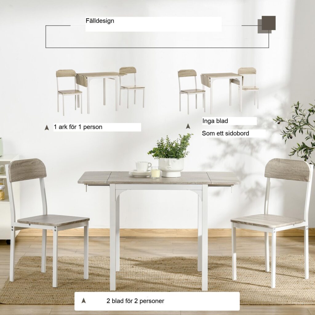 Hopfällbar 3-delad matgrupp med 2 stolar och bord - platsbesparande design, robust MDF-konstruktion