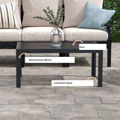 Sidobord väderbeständiga stål slitsad design enkel vård trädgård balkong soffbord med rymlig topp | 101,5x61x46 cm, svart