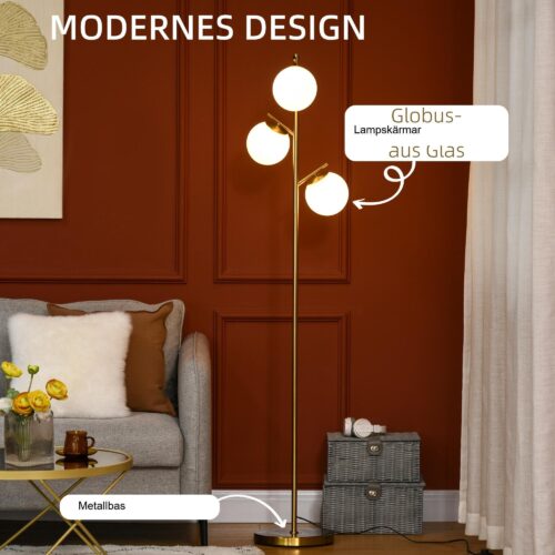 Modern 169 cm golvlampa med 3 glasskärmar – metallram för stabilitet, E27-uttag och enkel fotbrytarkontroll