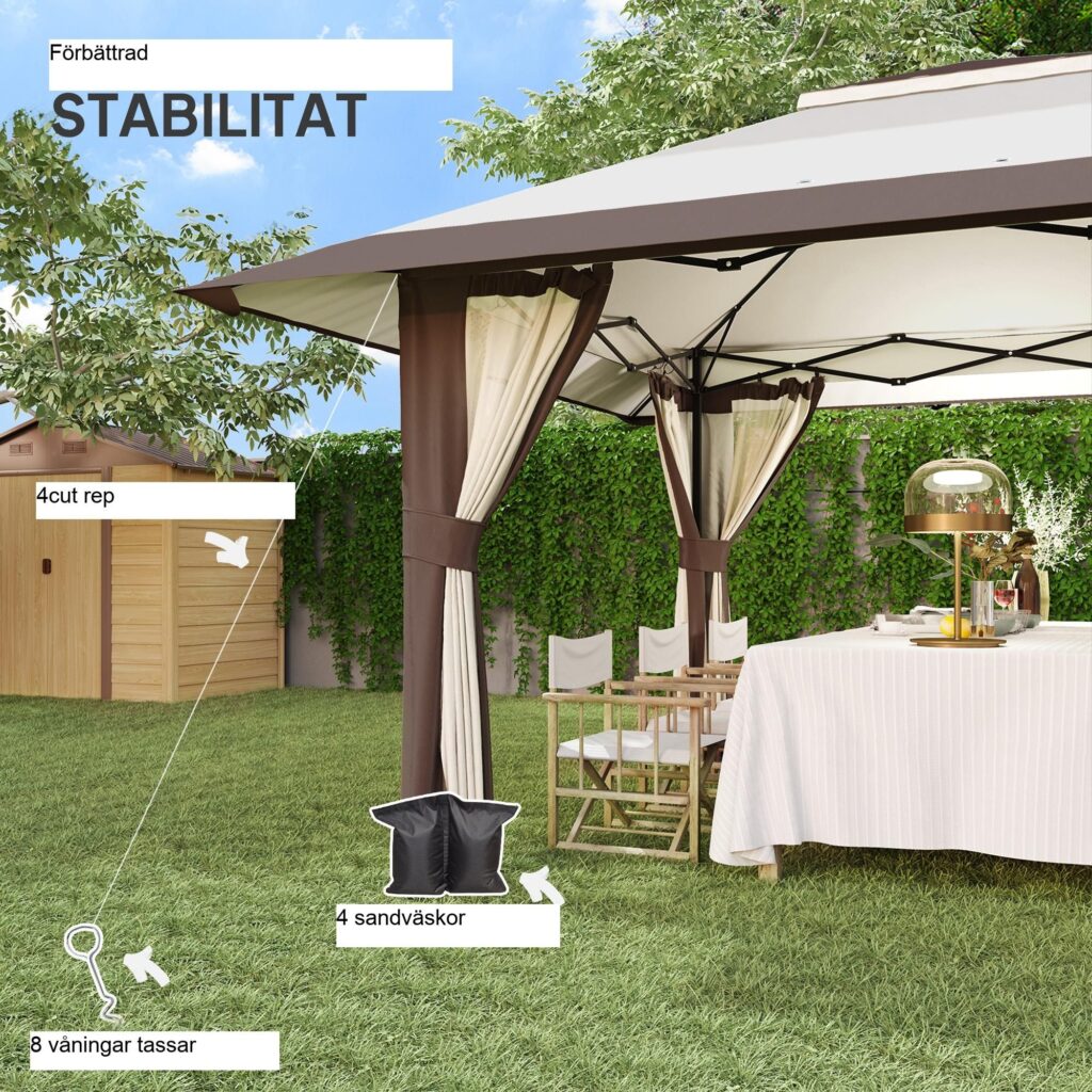 4x4m Vattentät Höjdjusterbar Pop-up Fällbar Gazebo med Mesh Väggar UV 50+ Hopfällbart Marquee Trädgårdstält, Snabb installation och Bärväska Sandväskor för Camping Festival, Beige