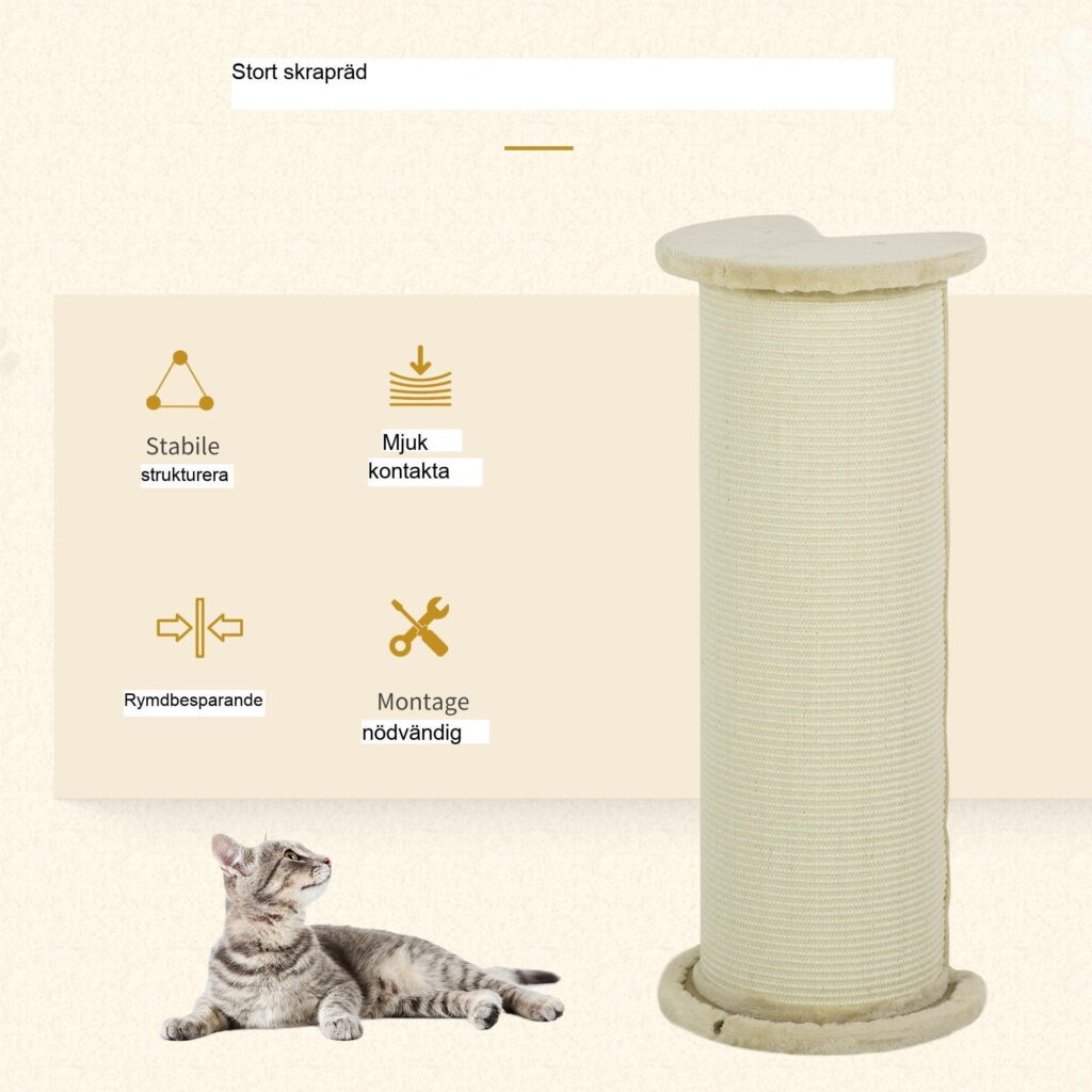Klösstolpe för katt 85cm med anti-lutningsskydd | Stor klösyta för katter | Platsbesparande design i gräddvitt
