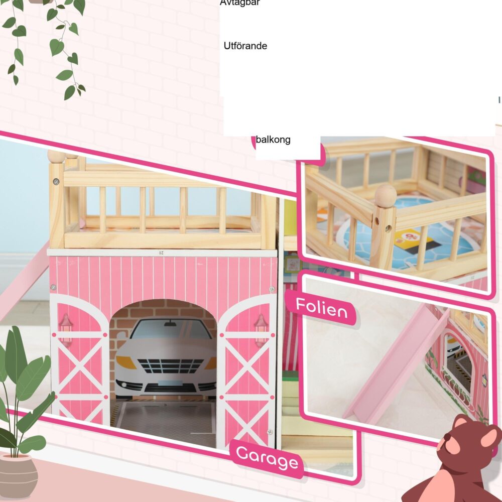 Dockhus i trä med 3 våningar, öppen design för kreativ lek – innehåller 13 möbler, flyttbar balkong, rutschkanor och garage | Enkel montering