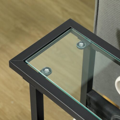 Funktionellt och snyggt sidobord soffbord med glasskiva och tygförvaringspåse, platsbesparande design för modern inredning