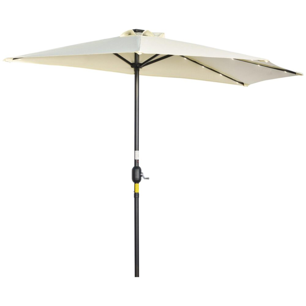 Halvcirkelformat 265×240 cm halvparasoll med soldrivna LED-lampor – enkel montering och platsbesparande design