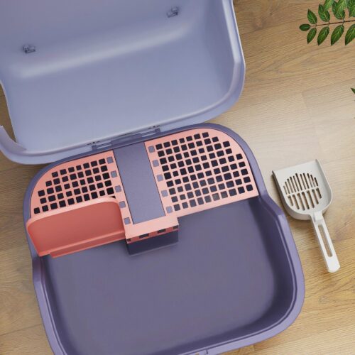 Halvstängd lila kattlåda med lock och sil | Enkel rengöring med spade för små katter (upp till 3,5 kg)