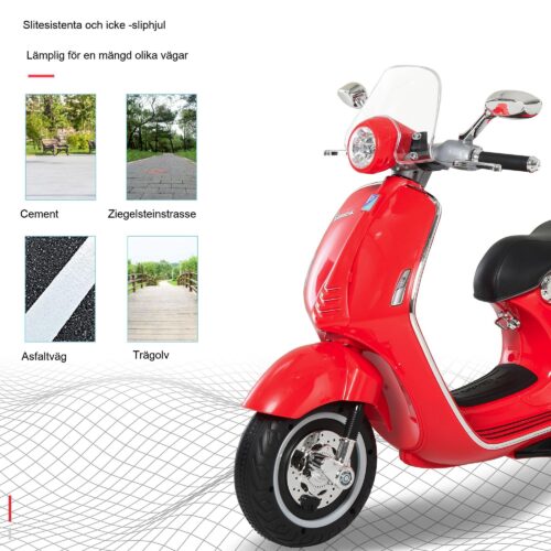 Licensierad VESPA elektrisk motorcykel för barn med inbyggd musik och belysning – 4-hjulsstabilitet för säkrare åkturer