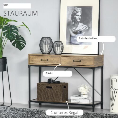 Vintage brunt och svart industriellt konsolbord med 2 lådor och bottenhylla för hall och vardagsrum | Robust konstruktion med överrullningsskydd