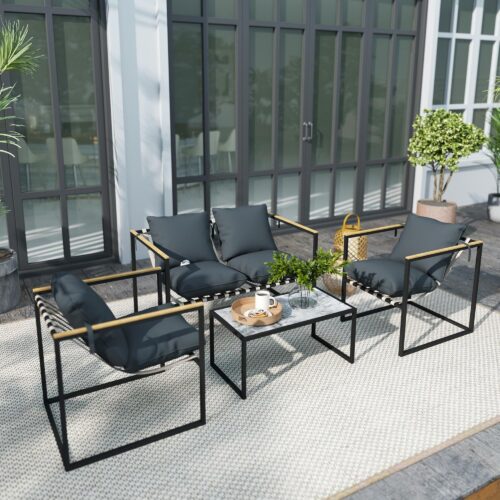 Trädgårdsmöbler i stål set 4-delad väderbeständig balkonggrupp med bekväm 2-sits soffa, fåtöljer, sittdynor, sidobord – slitstark stålram, snygg design för utomhusbruk
