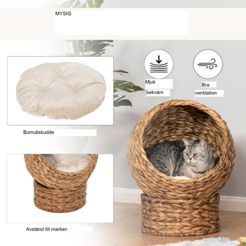 Rotting Cat Cave Bed med vattenhyacintkudde – Modern design, hållbar järnram, mysig och säker tillflyktsort för katter