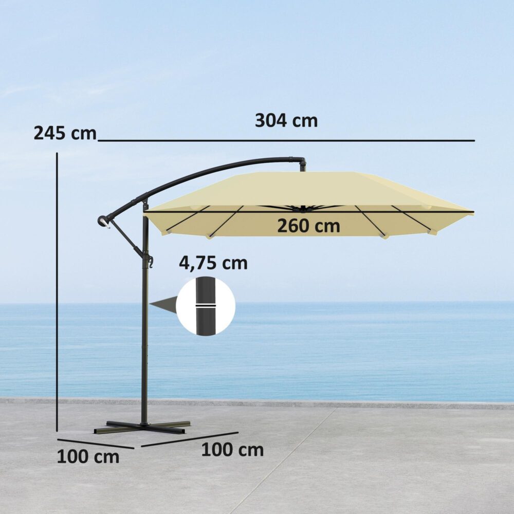 Grenigt parasoll Alu 260cm | Vattentät, vindskydd, lutbart trädgårdsparasoll med stativ och vev för uteplats i beige
