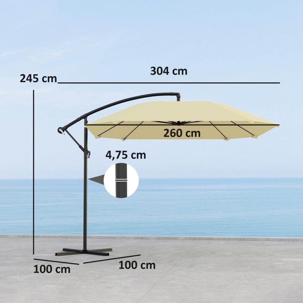 Grenigt parasoll Alu 260cm | Vattentät, vindskydd, lutbart trädgårdsparasoll med stativ och vev för uteplats i beige