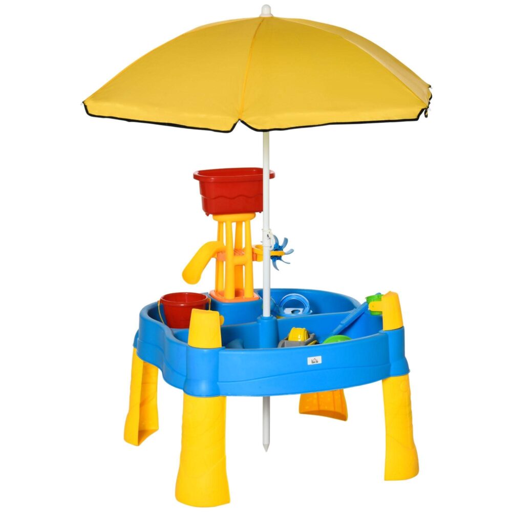 Lekbord med sand och vatten 2-i-1 leksaksset för småbarn med 25 strandtillbehör | Parasoll med UV-skydd och hållbar design