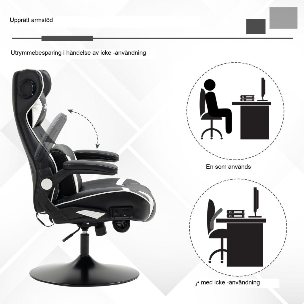 Rocker Gaming Chair - Ergonomisk, höj- och sänkbar kontorsstol med inbyggda Bluetooth-högtalare, fällbara armstöd, svank- och nackstöd