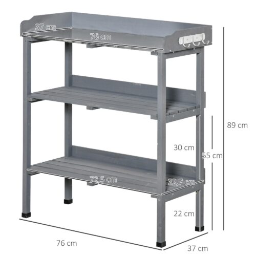 Trädgårdsmästarbord med bänkskiva och förvaring i metall | Planteringsbord för trädgård, terrass eller balkong – slitstarkt granträ, 3 krokar för verktyg, rymliga hyllor, ergonomisk design