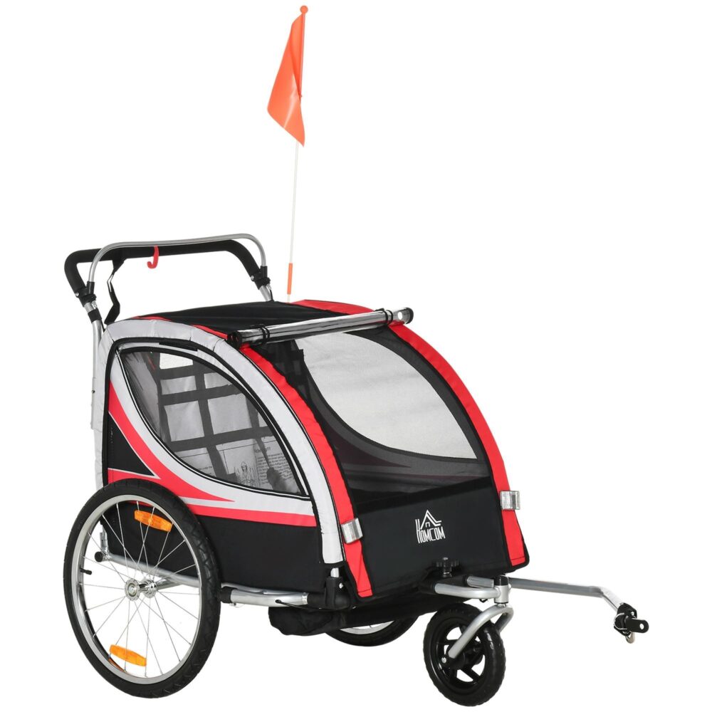 Cykelvagn för barn 2-i-1 med fjädring, vridbart framhjul, nätdörr, röd och svart, kompakt design för säkerhet och komfort