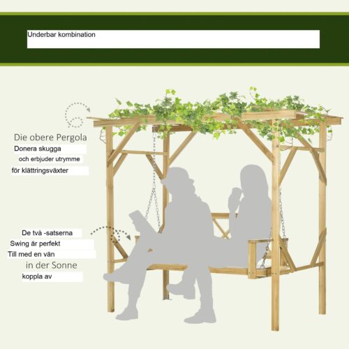 Väderbeständig 2-sits gungbänk i massivt trä med justerbar höjd och grön pergola för två vuxna
