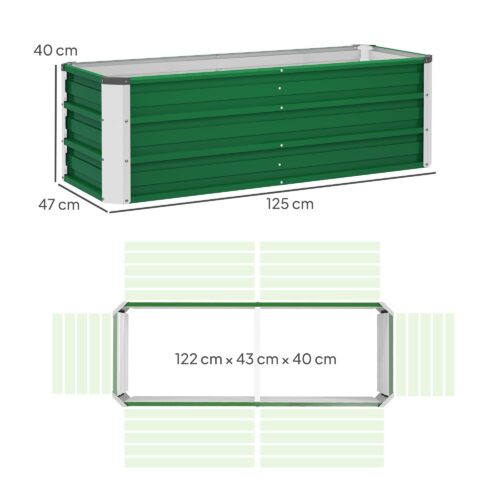 Extra djup stålodlingslåda för trädgårdsplantering med handskar – 125x47x40cm Grön, öppen jorddesign för hälsosam rottillväxt, väderbeständig och hållbar