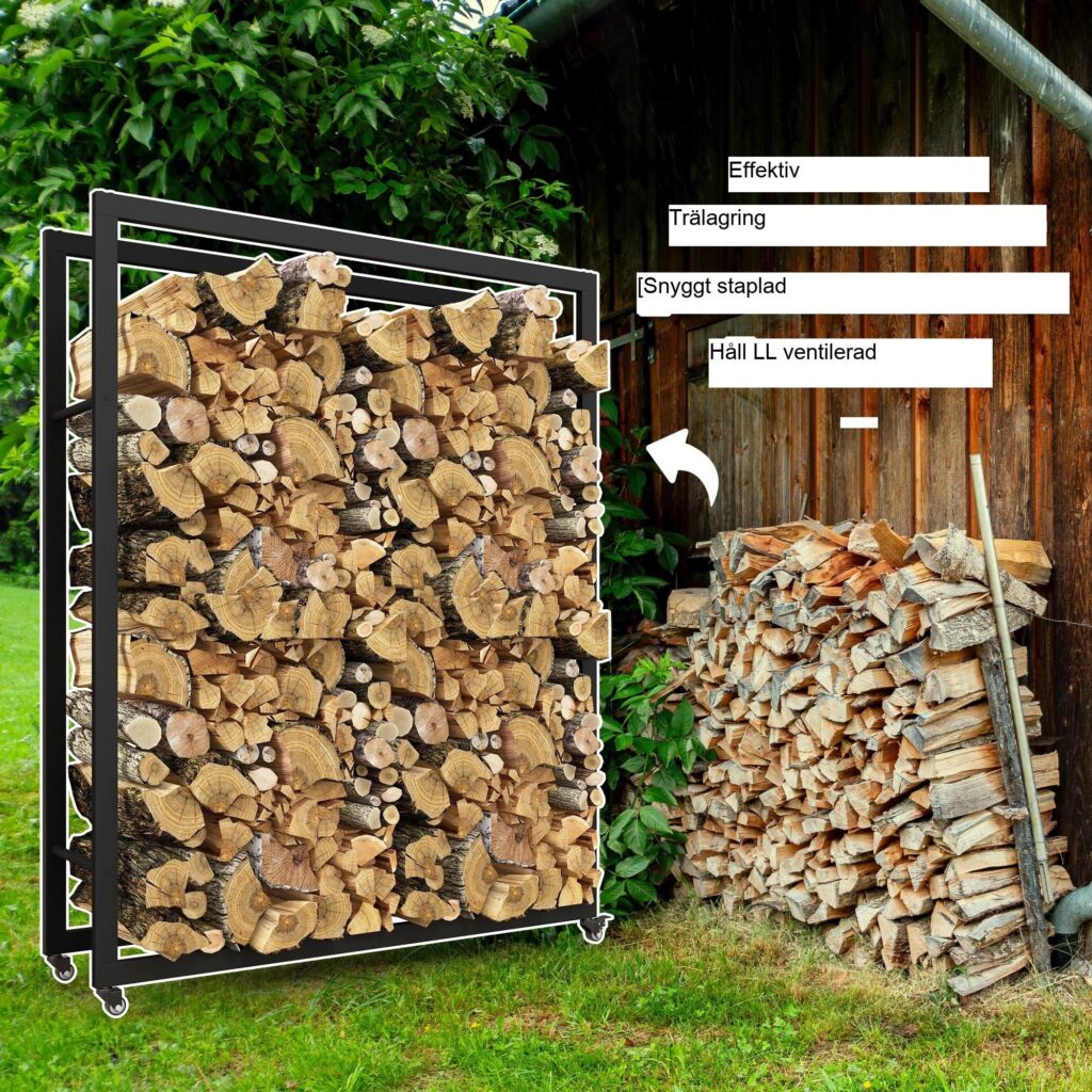 Vedhylla 120x32x151 cm - Slitstark metallkonstruktion med hjul för enkel rörlighet, inomhus/utomhusbruk, håller för upp till 150 kg