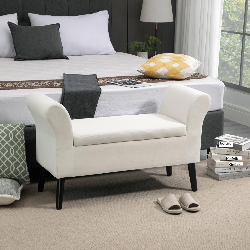 Bänk Klädd Bänk med Förvaring Säng Bänk med armstöd för Hall Sovrum Sammetslen Polyester 111.5 x 41 x 65 cm Gräddvit