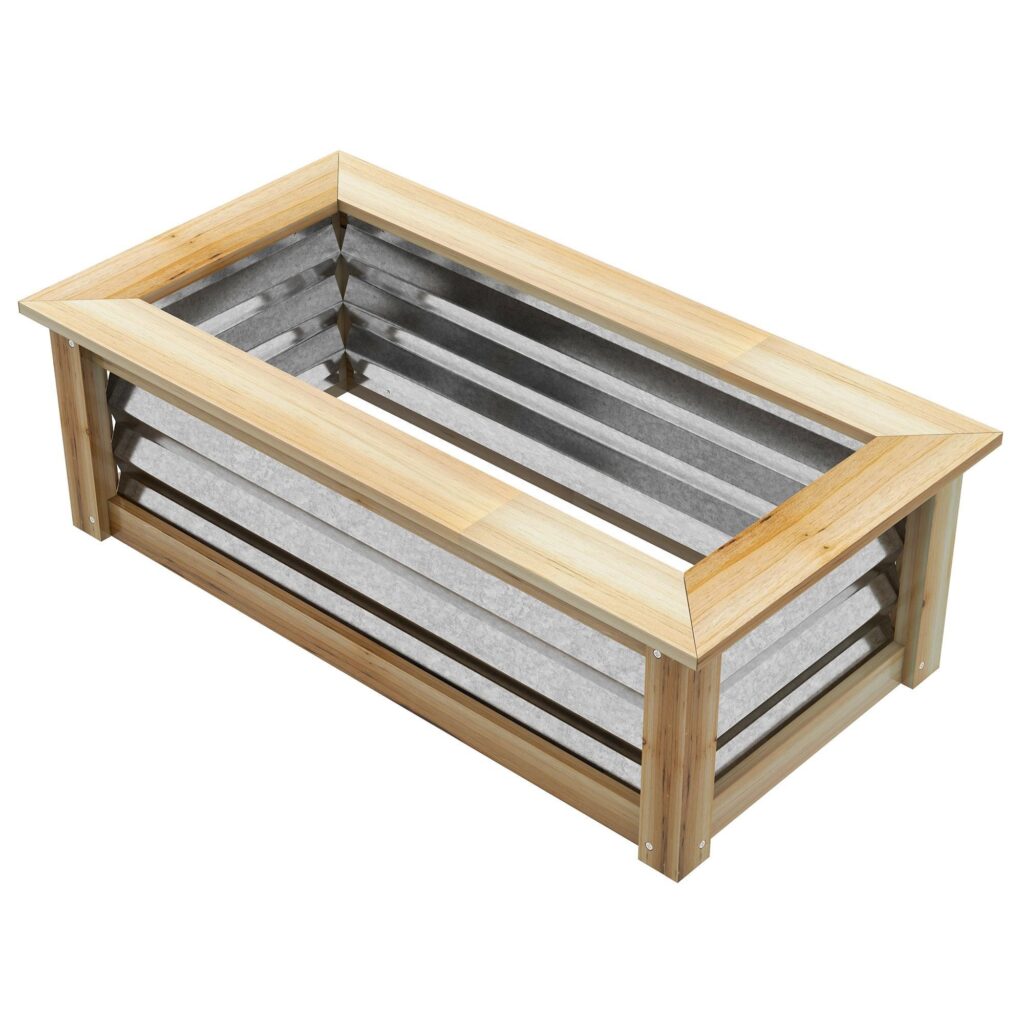 Upphöjd bädd Blomlåda i metall och trä för trädgård och balkong | Rymlig planteringsyta (80x35x30cm) med självdränerande design | Väderbeständig konstruktion