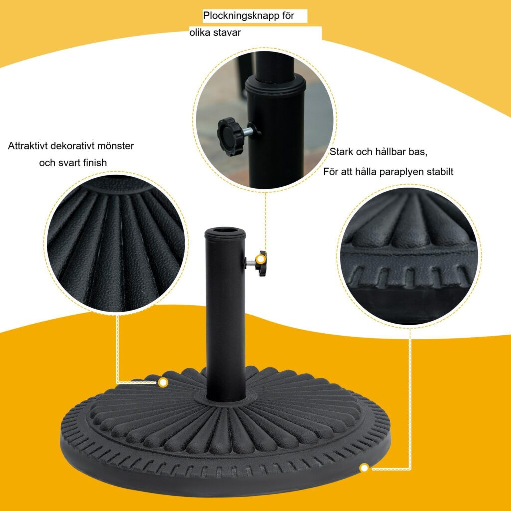 Kraftig parasollbas 14 kg cementfyllt plaststativ för 35-48 mm stolpar med justerbar skruv och elegant kronbladsdesign för trädgård och terrass