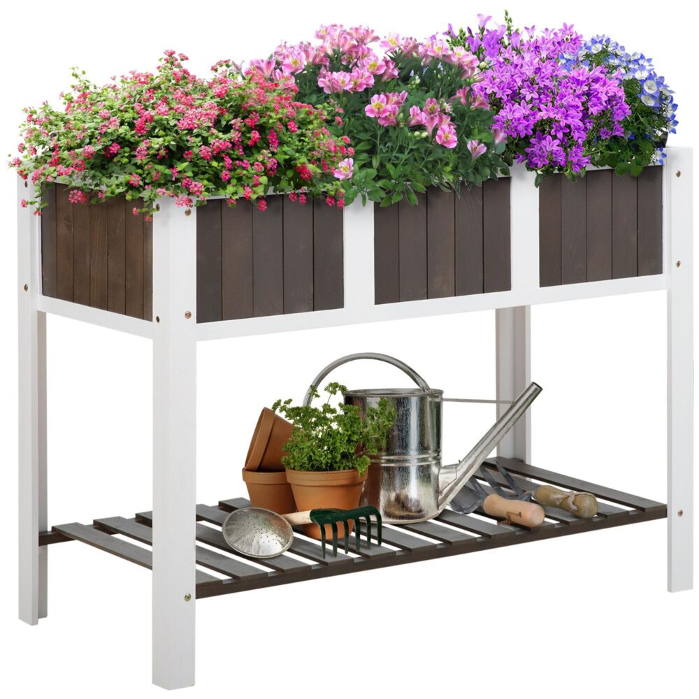 Planteringsbord Trädgårdsarbetsbord av granträ med hylla, perfekt för grönsaker och blommor, 2-nivås design för enkel växtvård