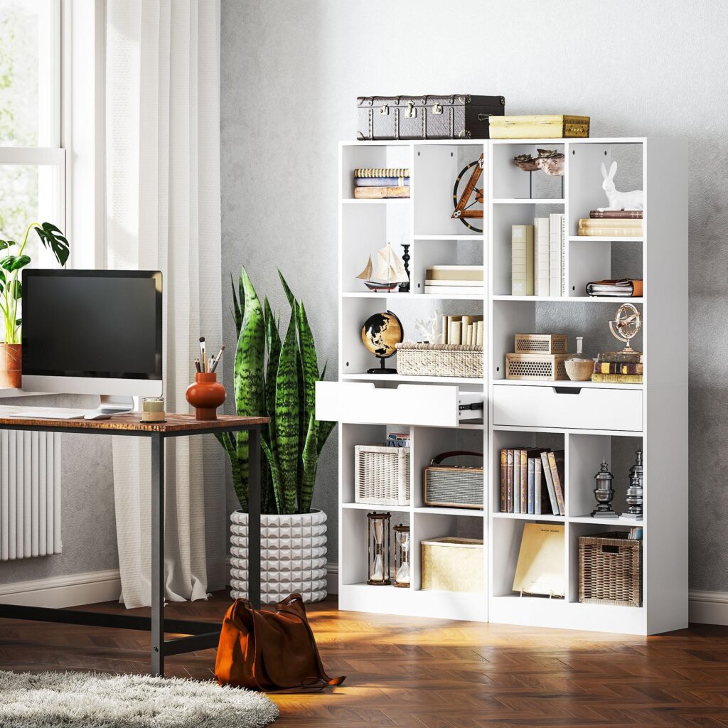 Modern vit bokhylla med 9 hyllor och 1 låda - robust MDF-konstruktion, anti-lutningsskydd, rymlig förvaring för böcker, inredning, växter och kontorsbruk