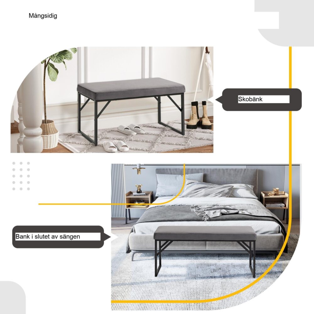 Sammetsklädd bänk för vardagsrum och sovrum – mångsidig användning, bekvämt sittande, elegant design med stabil metallram, golvskydd ingår